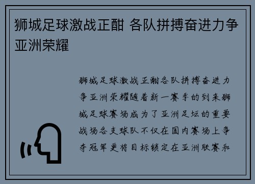 狮城足球激战正酣 各队拼搏奋进力争亚洲荣耀