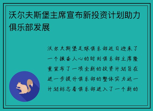 沃尔夫斯堡主席宣布新投资计划助力俱乐部发展